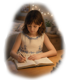 10 years old Lizzy Harper writing in her journal. ORIGIN Children of Sol